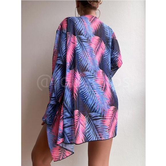 Tropical Print Blue Pink 3 Piece Swim Set Kimono Bandeau Top + Bottoms - Picture 3 of 7
